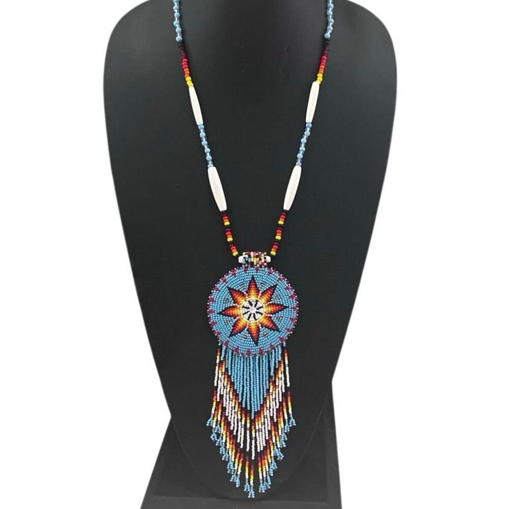 Vtg Native American Star Medallion Beaded Necklace Turquoise Blue Seed Bead Long